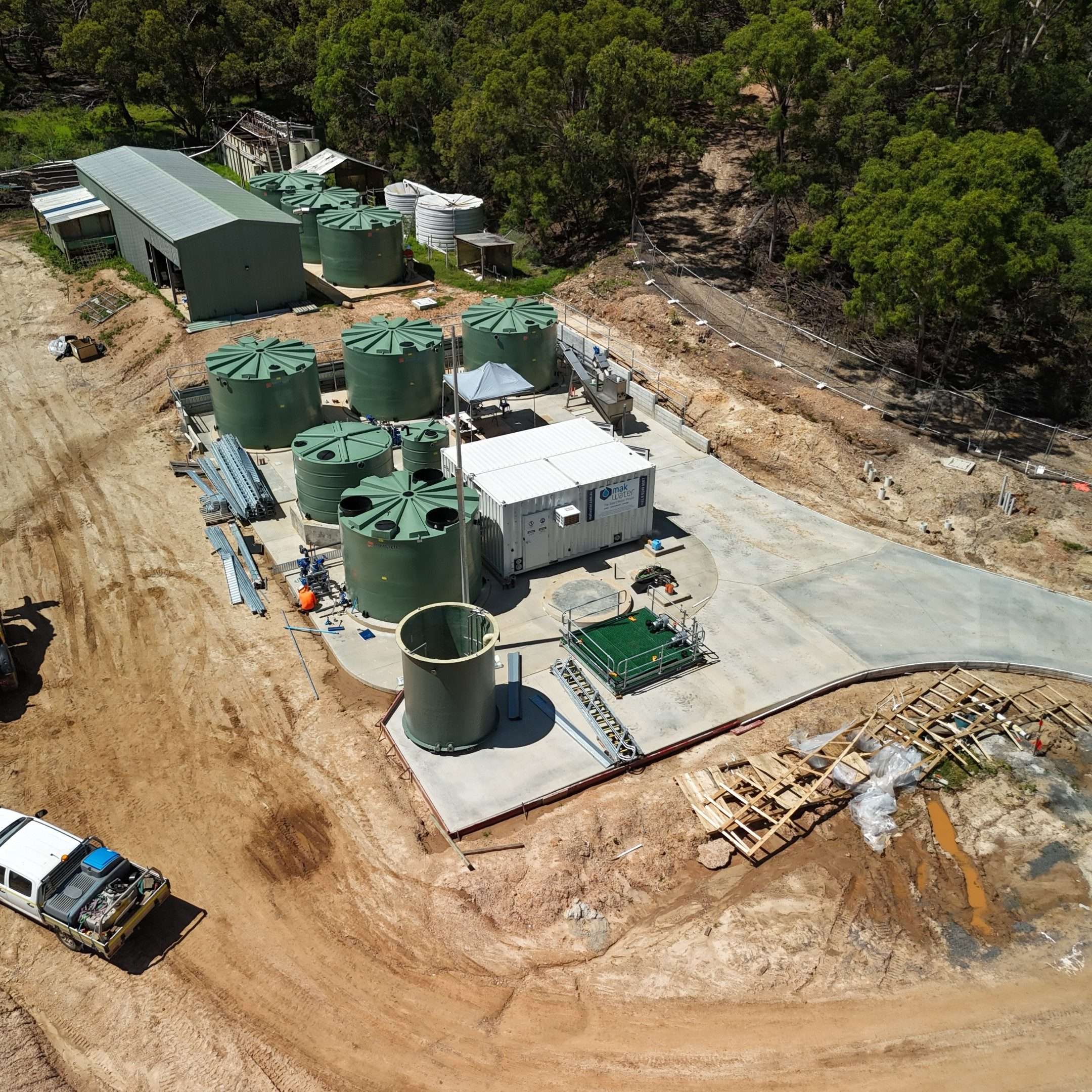 Aerial view of the Great Keppel Island sewerage treatment plant tanks and infrastructure