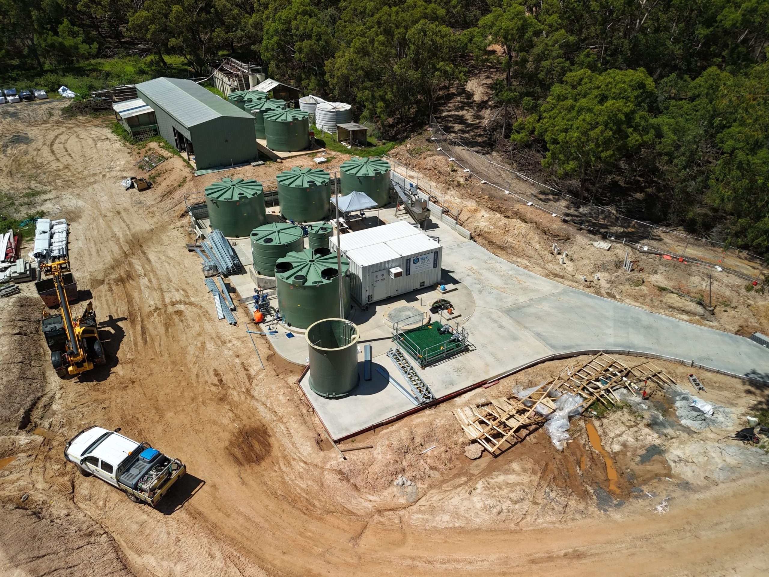 Aerial view of the Great Keppel Island sewerage treatment plant tanks and infrastructure